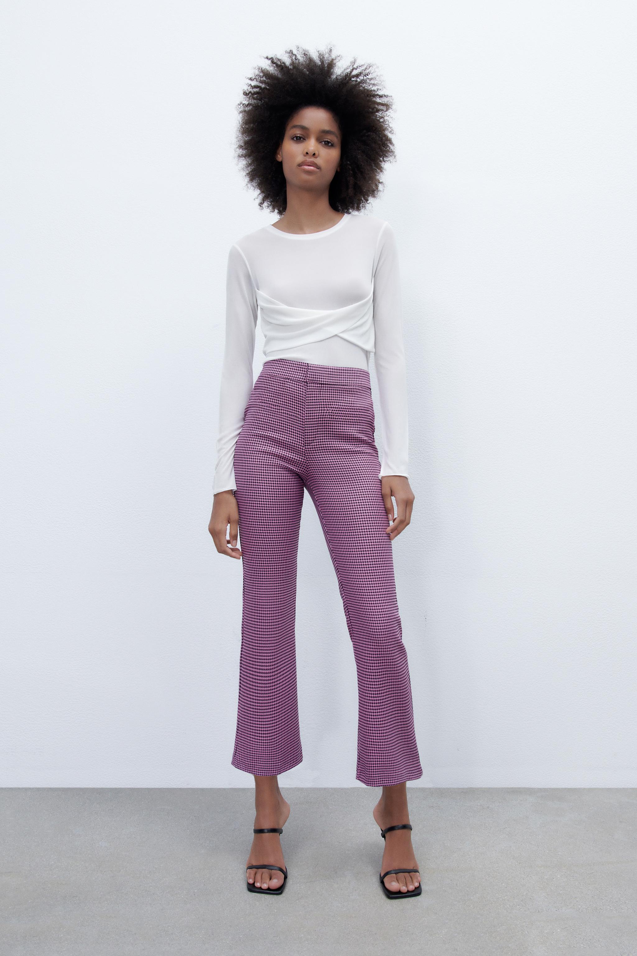 PANTALONI LEGGERMENTE A CAMPANA PIED DE POULE Rosa chiaro ZARA Italia Italy